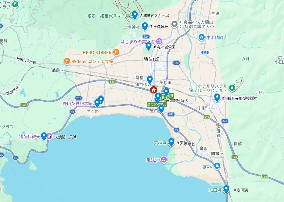 菱花亭と周辺スポットの地図（赤い家のマークが菱花亭、青いピンが番号付きのおすすめスポット）